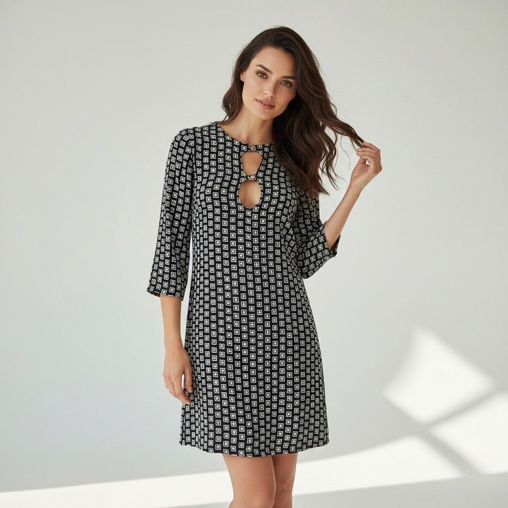 Reformation Black White Geometric Square Double Keyhole Mini Shift Dress Medium
